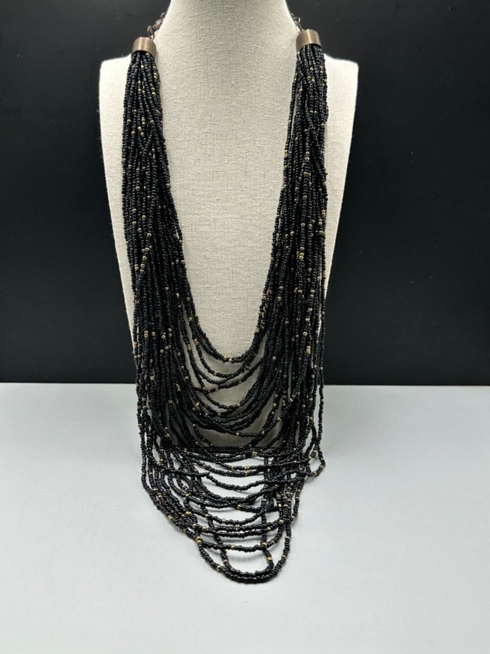 3/$30 Black Seed Bead Necklace Multi Strand Waterfall Bib Gold Tone 34 Inches